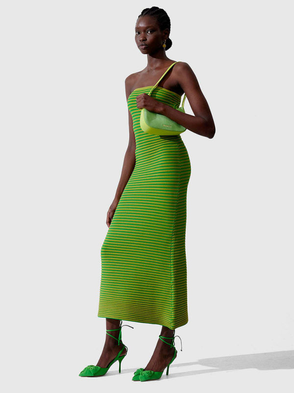 Tube top long knitted striped sexy slim fit hip-hugging dress