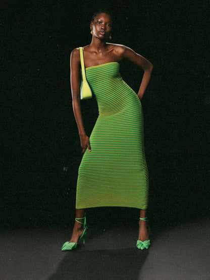 Tube top long knitted striped sexy slim fit hip-hugging dress