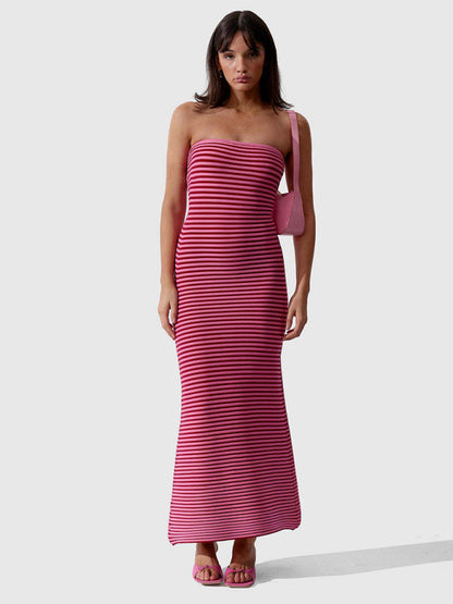 Tube top long knitted striped sexy slim fit hip-hugging dress