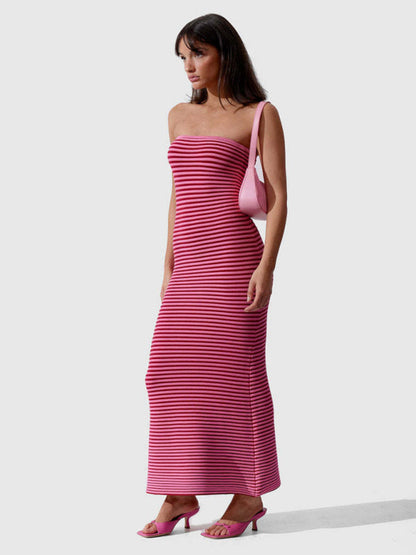 Tube top long knitted striped sexy slim fit hip-hugging dress