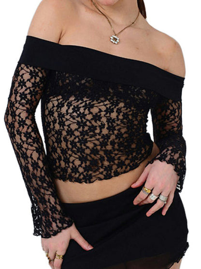 New Women's Lace Slim Fit Fashionable Row Neck Backless Long Sleeve T-Shirt