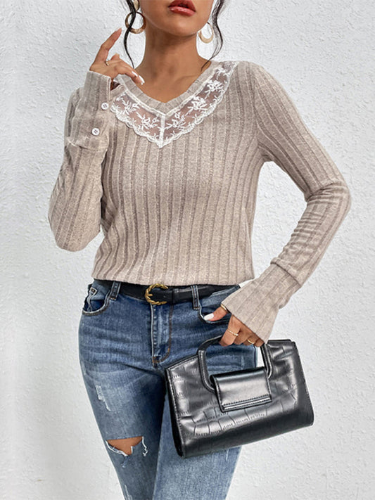 Women's new solid color long sleeve v-neck sweater