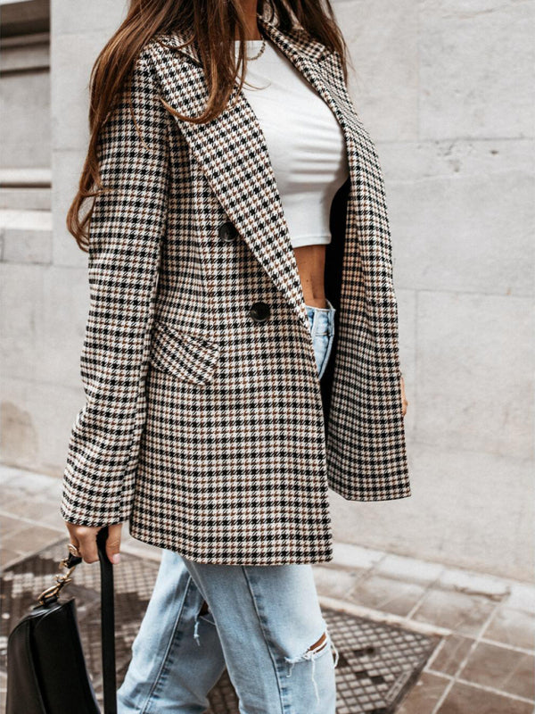 New coat button plaid printed small suit women's mid-length coat