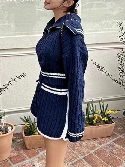 Women's Twist Knit Sweater Large Lapel Short High Waist Drawstring Waist Contrast Color Trim Suit