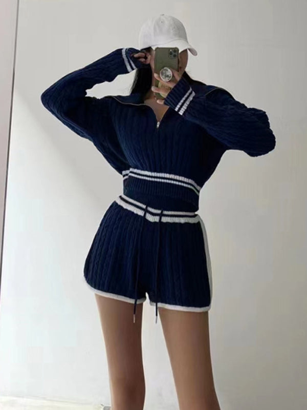 Women's Twist Knit Sweater Large Lapel Short High Waist Drawstring Waist Contrast Color Trim Suit