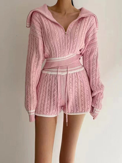 Women's Twist Knit Sweater Large Lapel Short High Waist Drawstring Waist Contrast Color Trim Suit
