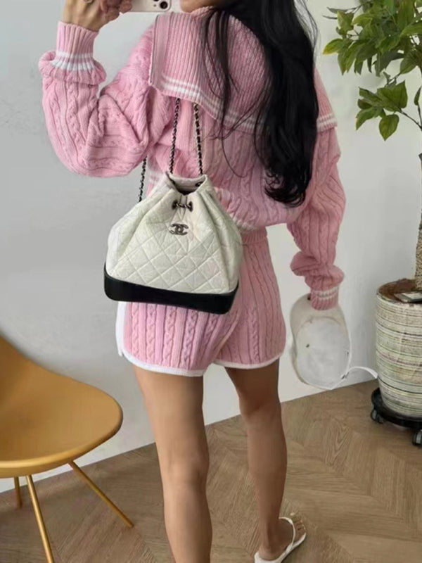 Women's Twist Knit Sweater Large Lapel Short High Waist Drawstring Waist Contrast Color Trim Suit