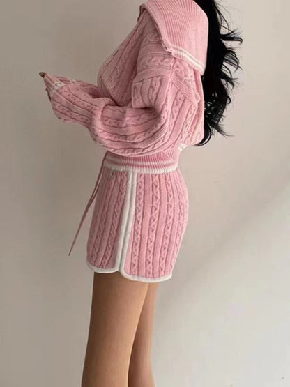 Women's Twist Knit Sweater Large Lapel Short High Waist Drawstring Waist Contrast Color Trim Suit