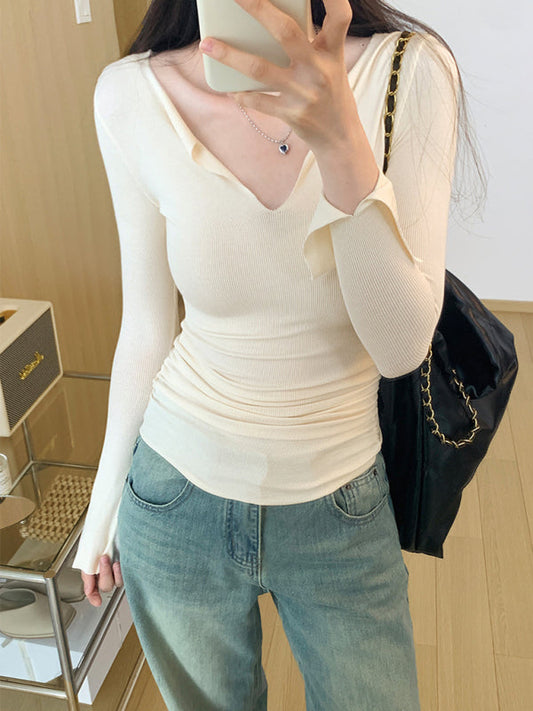 Women's V-neck bell sleeve slim knitted top