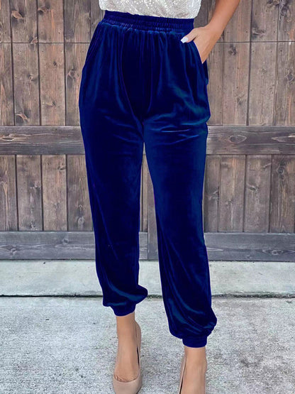 Women's solid color elastic waist straight casual casual pants