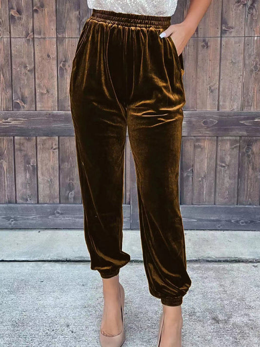 Women's solid color elastic waist straight casual casual pants