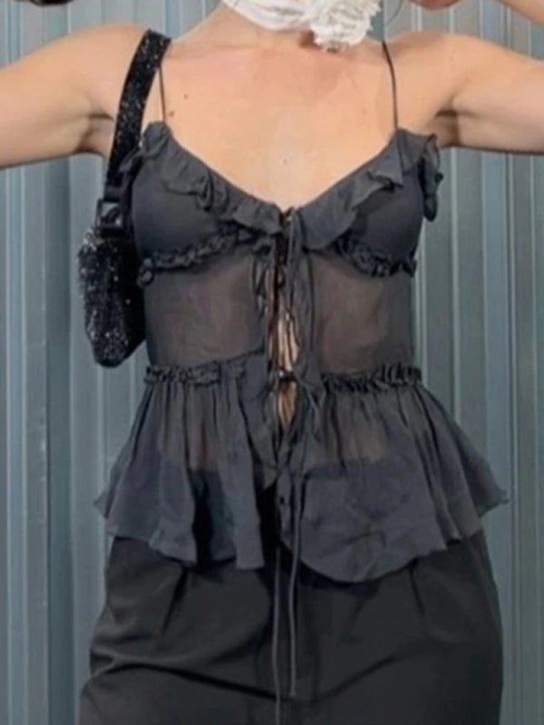 Women's new trendy translucent layered ruffled strappy camisole