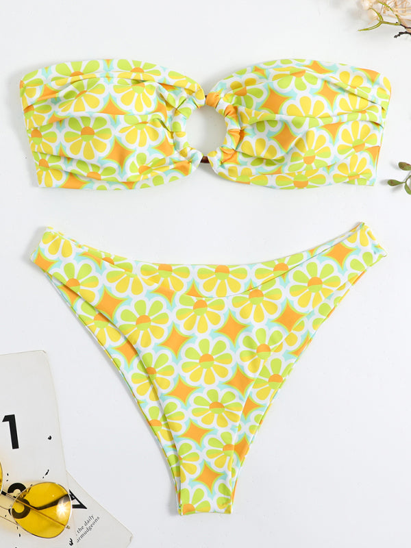 Women's New Split Digital Printed Bandeau Double Fabric Swimsuit Bikini