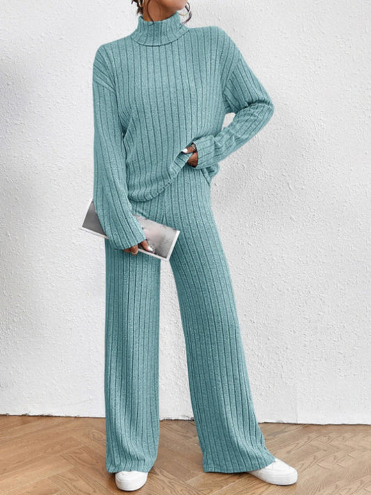 Casual high collar knitted long sleeve women's knitted two-piece set