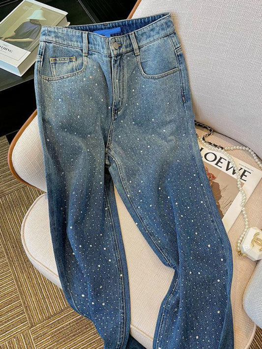 New style high waist jeans with rhinestones