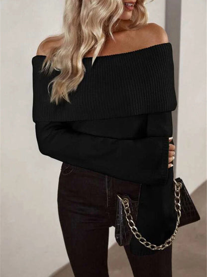 New style one-line collar slim fashion sexy knitted long-sleeved sweater
