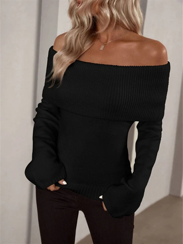 New style one-line collar slim fashion sexy knitted long-sleeved sweater