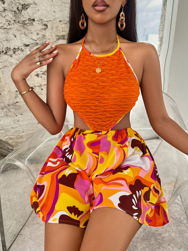 Summer Hollow Bright Color Halter Jumpsuit