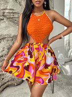 Summer Hollow Bright Color Halter Jumpsuit