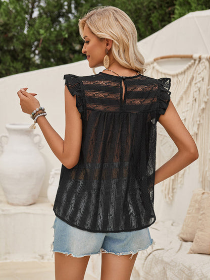Casual solid color lace slim fit small flying sleeve top