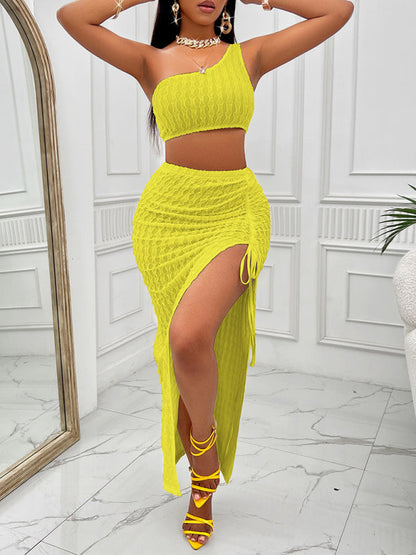 Casual solid color slope neck top and skirt slit suit