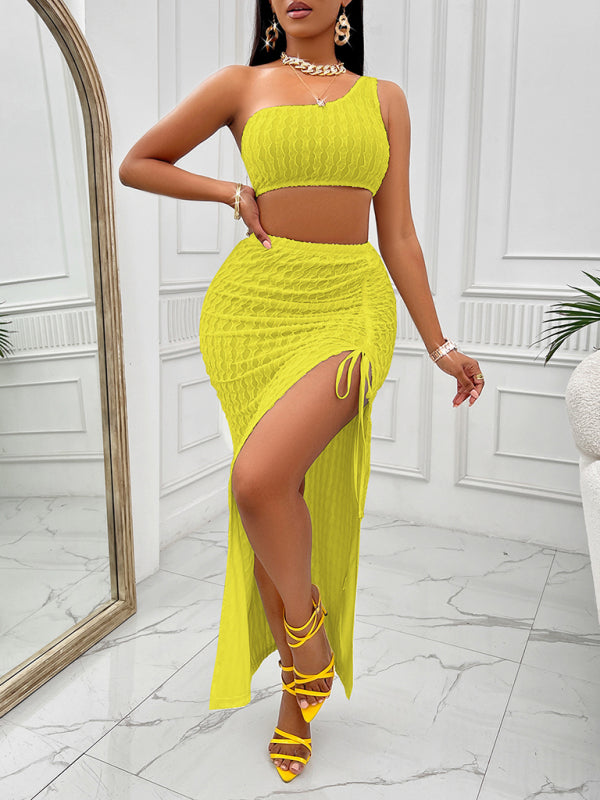 Casual solid color slope neck top and skirt slit suit