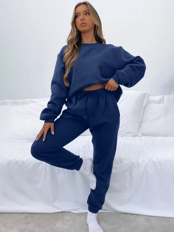 Women's New Solid Color Round Fashionable Casual Collar Pullover Long Sleeve Trousers Sweater Suit