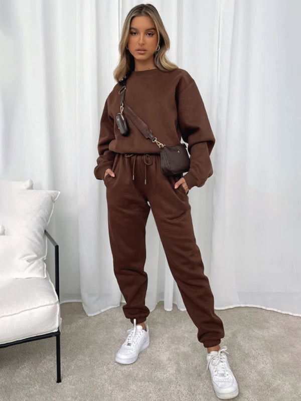 Women's New Solid Color Round Fashionable Casual Collar Pullover Long Sleeve Trousers Sweater Suit