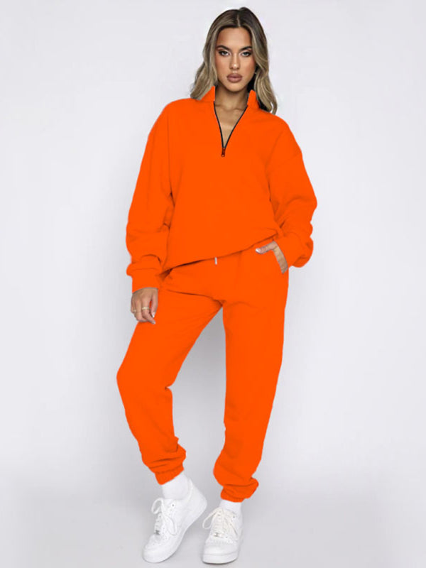 Women's new solid color stand-up collar zipper pullover long-sleeved sweatshirt and trousers suit