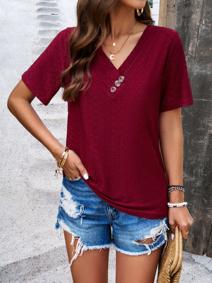 Women's casual solid color V-neck T-shirt