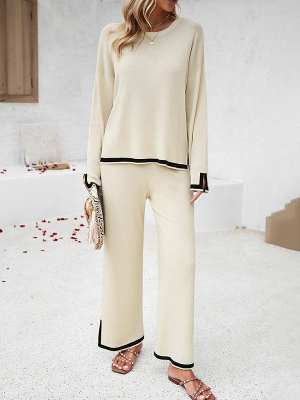 Women's casual solid color knitted long-sleeved two-piece set