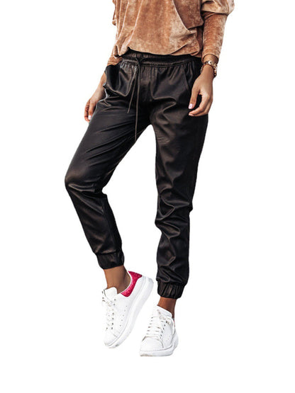 Women's cord waist slim fit leather pants