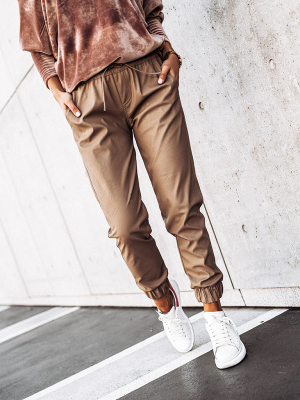 Women's cord waist slim fit leather pants