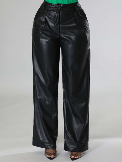 PU women's loose wide-leg pocket casual leather pants
