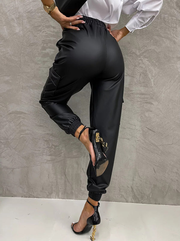 Pocket straight leg elastic waist leather trousers