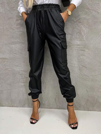 Pocket straight leg elastic waist leather trousers