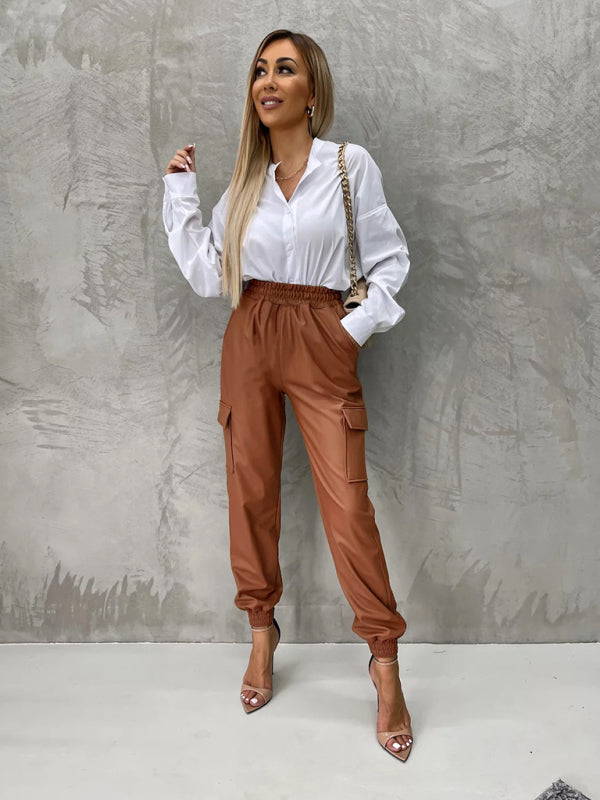 Pocket straight leg elastic waist leather trousers