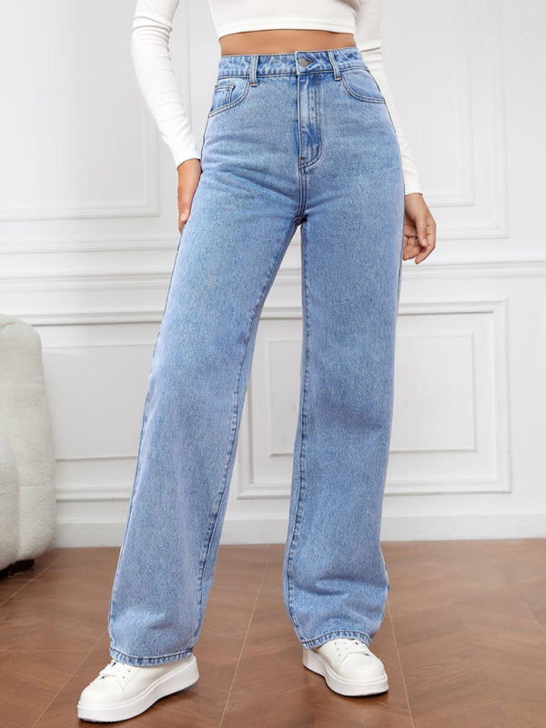 Women's High Waist Washed Straight Leg Jeans