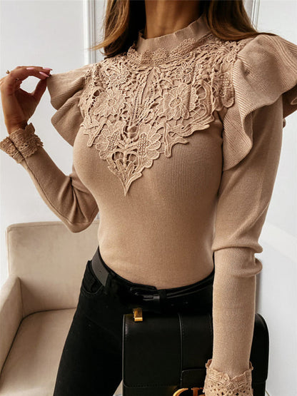 Women's long sleeve round neck lace bottoming knitted top