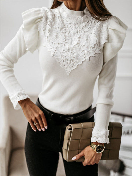 Women's long sleeve round neck lace bottoming knitted top