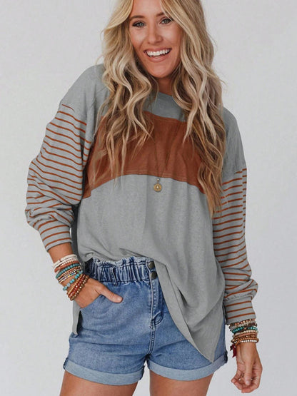 Pullover round neck casual striped contrast long-sleeved T-shirt