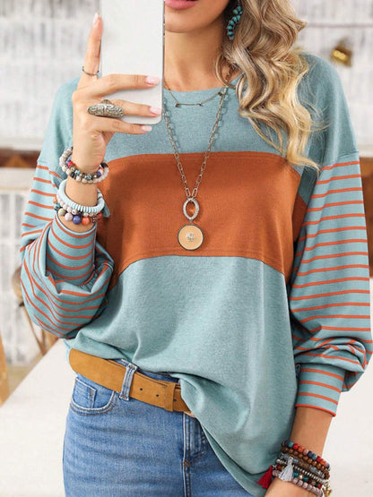 Pullover round neck casual striped contrast long-sleeved T-shirt