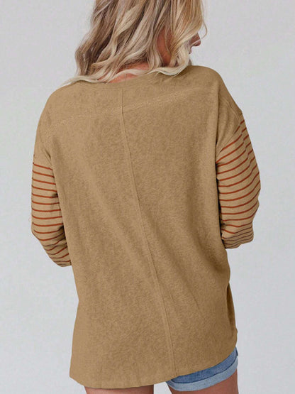 Pullover round neck casual striped contrast long-sleeved T-shirt