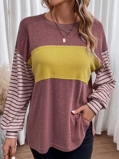 Pullover round neck casual striped contrast long-sleeved T-shirt