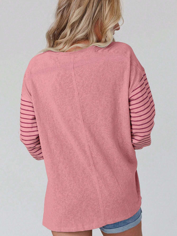 Pullover round neck casual striped contrast long-sleeved T-shirt