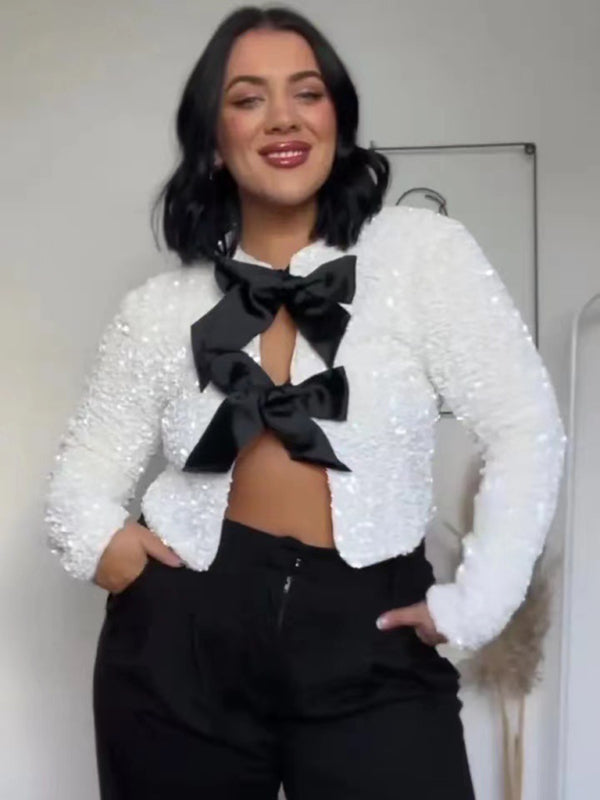 New Elegant Women's Beaded Bow Loose Jacket