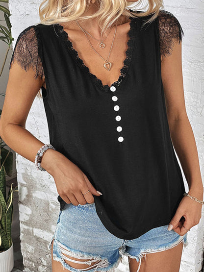 Women's new short-sleeved V-neck patchwork lace top