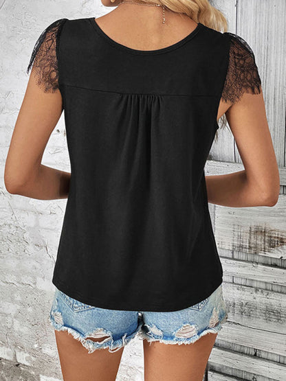 Women's new short-sleeved V-neck patchwork lace top