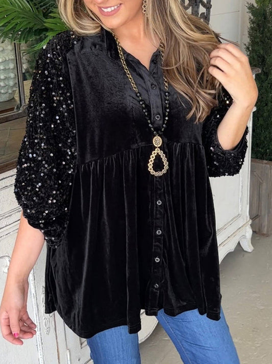 Women's V-neck long-sleeved buttoned sequin top