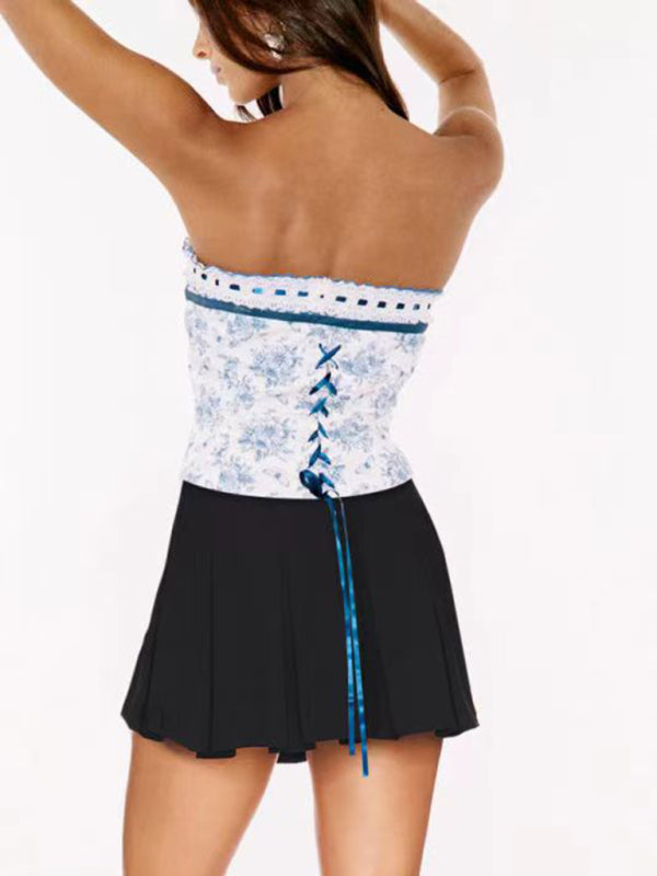 Women's Spring Blue and White Porcelain Print Sexy Backless Cropped Top